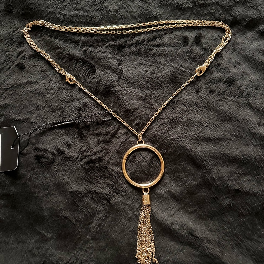 Escada Gold Tone Long Necklace  transformer, ring Pendant with chain tassel. New